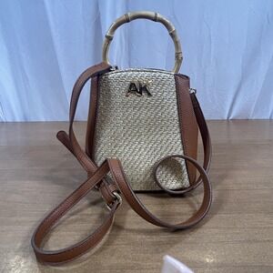 Anne Klein Top Handle Bag Womens Small Beige Straw Brown Bamboo Crossbody Purse